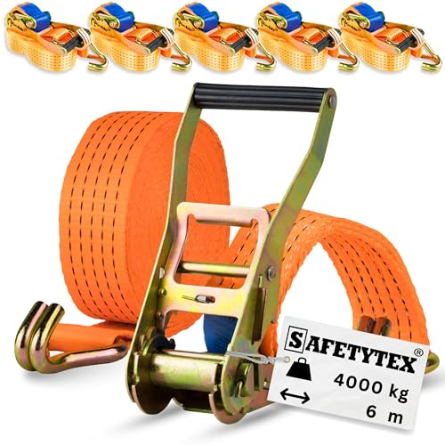 Safetytex Spanngurt 4 t 6 m 50 mm Ratsche Spitzhaken zweiteilig (6 Stück) | DIN EN 12195-2, LC 2000/4000 daN, Zurrgurt, LKW, Anhänger, Spedition, 100 % Polyester, Profiqualität