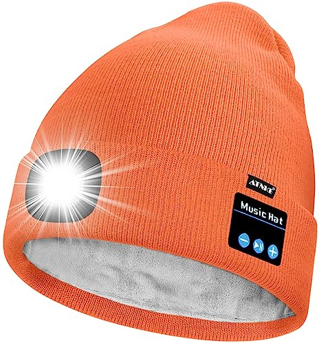 ATNKE Unisex LED Bluetooth-mössa med ljus, uppladdningsbar USB 4 LED musik talare löparmössa lampa vinter varm fodrad fleece stickad mössa för män och kvinnor presenter, Ljus orange, En Storlek