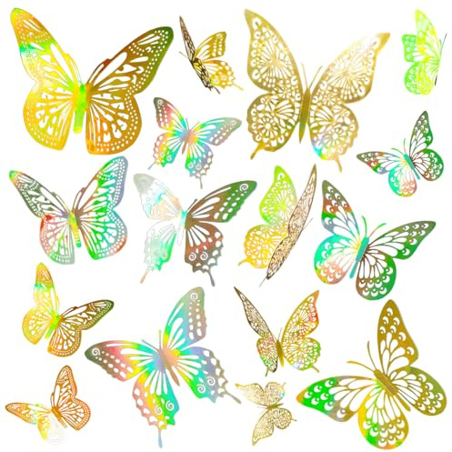 JOSDIOX 3D Laser Gold Butterfly Wall Stickers - 48 Pcs with 4 Styles & 3 Sizes, Removable Decor for Party Birthday Wedding Cake Balloon Decoration (48 Laser Gold)
