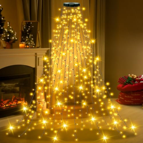 Ollny Christmas Tree Lights, 2.5m x 10 Strands 250 LEDs Outdoor Xmas Lights with Ring, Indoor Waterfall Fairy String Light USB Plug in, Warm White Waterproof Outside Decorations for 1.5-2.5m Tree