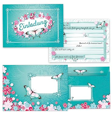 Limonia 12 Einladungskarten incl. 12 Umschläge zum Kindergeburtstag Einladung Geburtstag Mädchen Schmetterling Blumen