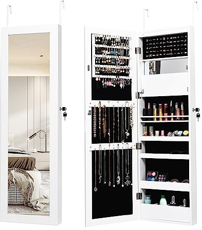 HOMASIS Specchio Portagioie da Parete con 12 Luce LED, Specchio a Figura Intera con Cornice, Armadietto Portagioie con Serratura e Specchio Intero, 120 x 37 x 9 cm, Bianco