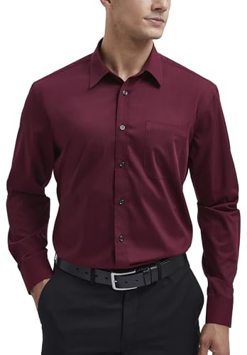 HISDERN Camicia Borgogna da Uomo a Maniche Lunghe Camicia da Lavoro in Fibra di bambù Camicia Elegante Causale Non Stirata vestibilità Regolare con Tasca,XL