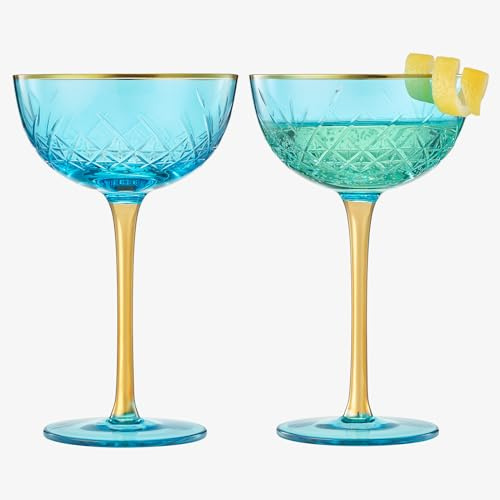 The Wine Savant Vintage Art Deco Coupe for Champagne, Martini, Cocktails | Set of 2 7 oz Classic Cocktail Glassware - Manhattan, Sidecar, Crystal Speakeasy Style Saucer Goblets with Stems (Blue)