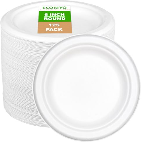 Ecoriyo Lot de 50 assiettes jetables ronde 15,2 cm bagasse canne à sucre – Assiettes biodégradables respectueuses – Passe congélateur micro-ondes – Blanc