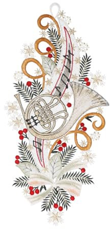 Fensterbild Instrument Horn farbig 19 x 40 cm aus Plauener Spitze Fensterdeko Fensterschmuck Bilder Handarbeit Deko Fenster