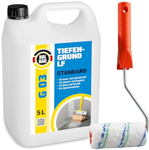 HALBAU Tiefengrund 5 L, Grundierungsmittel Innen Aussen | Grundierung für Putz, Farben, Tapeten + Farbroller 10cm Set G03