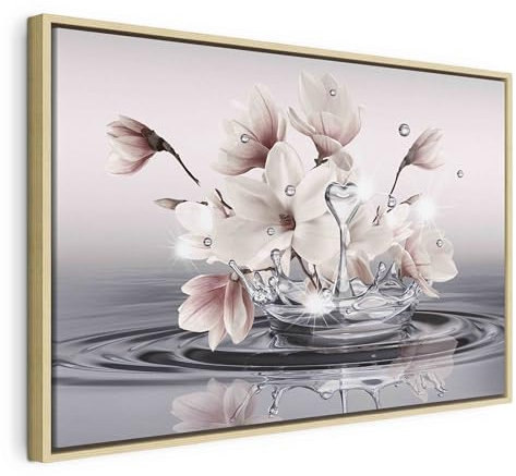 B&D XXL Bilder mit Rahmen 60x40 cm Wandbilder groß Leinwandbild XXL natürlicher Holzrahmen modern Wanddekoration Kunstdruck Wanddeko Wohnzimmer Schlafzimmer Magnolie Zen Spa Wasser