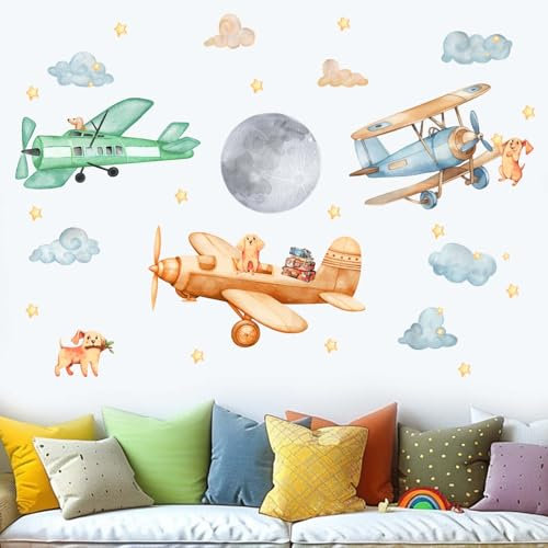 Amimagen Wandtattoos Flugzeug Wandaufkleber - Welpen Flugzeuge Wandsticker - Kinder Baby Jungen Kindertagesstätte Kinder Schlafzimmer Spielzimmer Wand Dekor