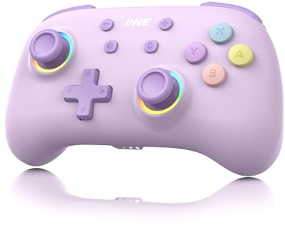 IINE Kabelloser Controller für Switch/PC/Android/IOS, Niedlicher Gamepad mit RGB-Beleuchtung, Mini Pro Controller mit Turbo/Makro/NFC Amiibo/Bewegungssensor/Wake-Up/Rumble (Purple)