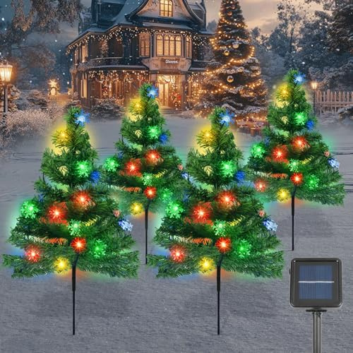 Qoosea Solar Weihnachtsbeleuchtung Außen: 4 Stück Solar Weihnachtsbaum Lichterketten mit Schneeflocke, Wasserdichte Gartenleuchten 8 Modi Deko Lichter für Terrasse Gehweg Hof Rasen