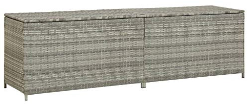 prissent Gartenbox Poly Rattan 200x50x60 cm Gartenbox Groß Sitzbank Outdoor Gartenbox mit Sitzfunktion Gartenbox Rattan mit Deckel Outdoor Grau