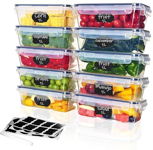 Ordeluxe Lot de 10 x 1L Boite Rangement Cuisine, boite hermetique alimentaire, Boite Alimentaire Plastique Cuisine, Sans BPA, Adaptés au Micro-ondes, au Congélateur et au Lave-vaisselle