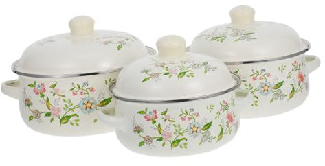 Cabilock Enamelware Cooking Pot Set 3pcs Mini Stockpot Stew Pan Lid Small Saucepan Purple Floral Design Vintage Stovetop Pot for Kitchen Cooking