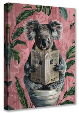 Tucocoo Koala auf Toilette Leinwand Wandkunst Tier liest Zeitung Bild 1P Tropische Pflanzen Poster Drucke Niedlich Moderne Kunstwerk für Wohnzimmer Schlafzimmer Heimdekoration Gerahmt Galerie-umhüllt