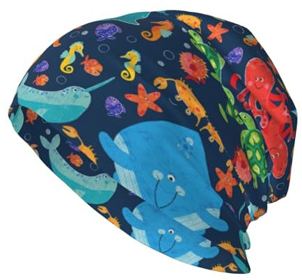 Ocean Whale Fish Octopus Print Soft Comfortable Unisex Knit Beanie Stylish Fit Breathable Warm Knit Cap for Men Black, Schwarz , Einheitsgröße