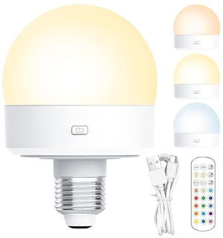 Lampadina a batteria, lampadina senza fili, lampadina a batteria E26 dimmerabile – lampadina ricaricabile per applique da parete con 4 timer 3 temperature di colore
