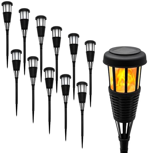 Spetebo LED Solar Gartenfackel in Rattan Optik - 12er Set - Solarleuchte 48 x 10 cm mit Flackereffekt - Garten Deko Beleuchtung Gartenstecker Beetstecker Gewegleuchte mit Flammen Effekt