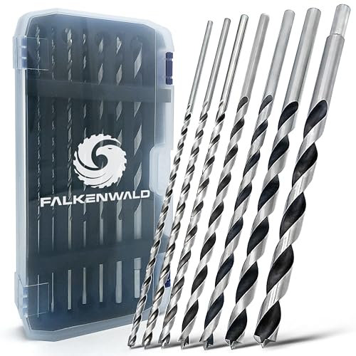 Falkenwald Holzbohrer Set lang 7tlg. + Koffer - Holzbohrer lang für präzise Bohrungen in Weich- und Hartholz - Schlangenbohrer Set - Spiralbohrer Holz