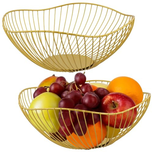 UNGFEI Lot de 2 corbeilles à fruits rondes en fil métallique de 25,5 x 10 cm, corbeille à fruits ronde dorée moderne, corbeille à fruits en fil métallique géométrique pour légumes, collation, pain