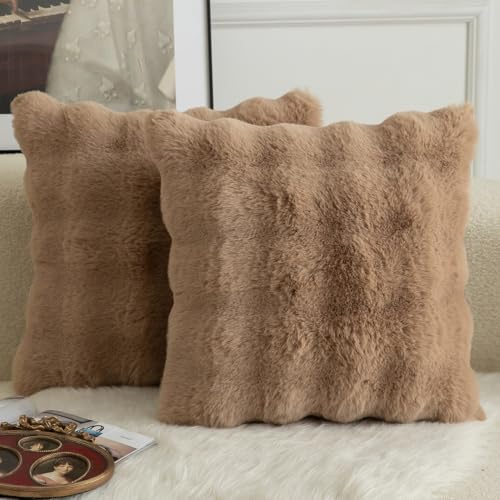 Mandioo 2er Set Luxus Dekorativ dicken Woll Kissenbezug Super Soft Wave Blase Plüschwolle werfen Kissenbezüge Zierkissenbezüge Sofakissen Schlafzimmer Kissenhülle für Sofa 50x50cm Kamel