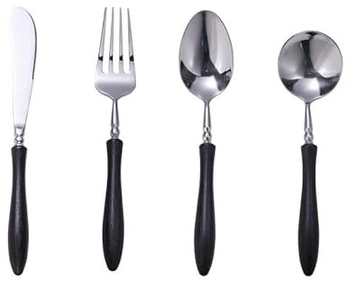 Ensemble de Couverts en argenterie, 4/16/24/32/40/48 pièces, Manche en Bois Noir rétro, Couteau à Steak en Acier Inoxydable, Fourchette, cuillère à Soupe, cuillère de Table, ensemb