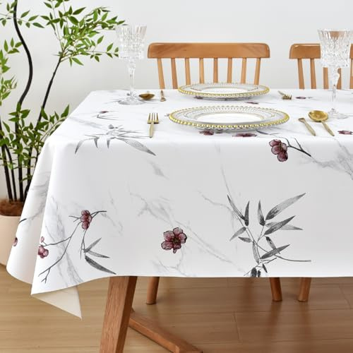 Yofori PVC Wipe Clean Tablecloth, Marble Floral Pattern Wipeable Table Cloth Vinyl Waterproof Table Cover for Kitchen Dining Outdoor Garden Picnic (Plum Blossom,137x180cm)
