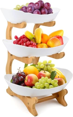 OHMG Corbeille de Fruits, Corbeille a Fruit 3 Etages, Panier a Fruits 3 Etages, Panier de Fruits et Legumes avec Support en Bois Résistant pour la Décoration de Cuisine