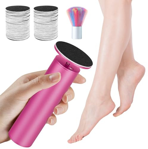Ponceuse Pieds Electrique – Râpe Électrique Pieds sans Pile avec Vitesse Réglable, 60 Disques Abrasifs & Brosse – Pour Callosités, Talons Secs et Peau Morte (Rose)
