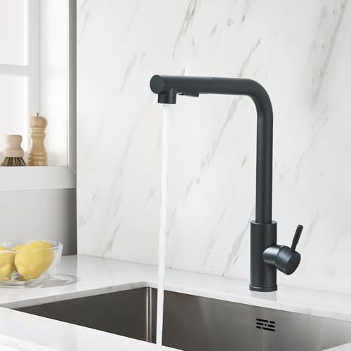 TVTIUO Wasserhahn Küche Schwarz,Armatur Küche 360° Schwenkbar, Küchenarmatur Ausziehbar, Spültischarmatur mit Brause Zwei Wasserstrahlarten