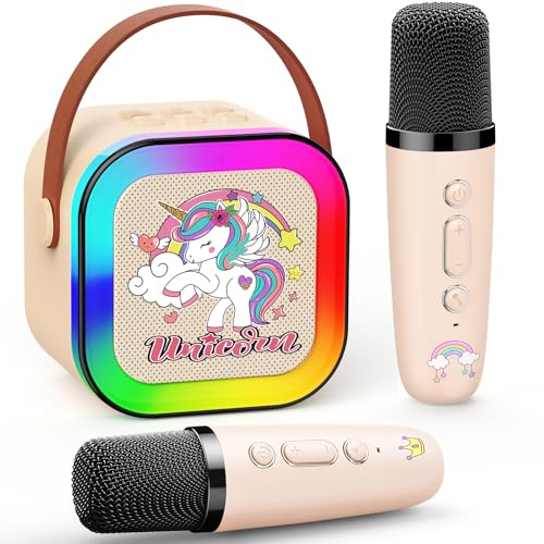 Dislocati Juguete de regalo de unicornio para niñas de 3 a 12 años, máquina de karaoke para niños con 2 micrófonos de karaoke Bluetooth, altavoz portátil con luces LED, ideal para celebraciones