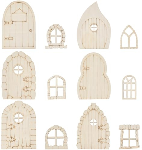 GORGECRAFT 48 Stück 12 Stile Holztüren Und Fenster Unlackiertes Hölzernes Miniatur Fenster Tür Set Mini Unlackiertes Gartendekor Basteln Puppenhaus Zubehör Für Wand Heim Und Partydekor