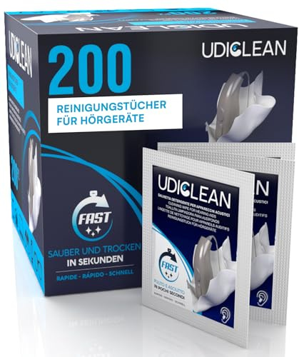 200 Hörgeräte-Reinigungstücher - Udiclean einzeln verpackte feuchte Reinigungstücher - entfernt Fett Schweiß Schmutz - schnelle Reinigung und Trocknung