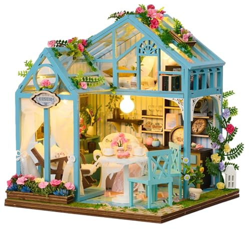 DIY Miniatur Haus Puppenhaus Gewächshaus mit Licht, Miniatur Haus Kit für Erwachsene, Wooden Dollhouse Construction Kit, Bastelset Haus Modellbausätz zum Selber Bauen, Geschenk für Frauen und Männer