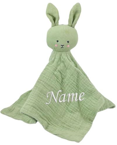 Elefantasie Baby Schnuffeltuch aus Musselin mit Namen Bestickt – personalisiertes Kuscheltuch Baumwolle (Hase grün)