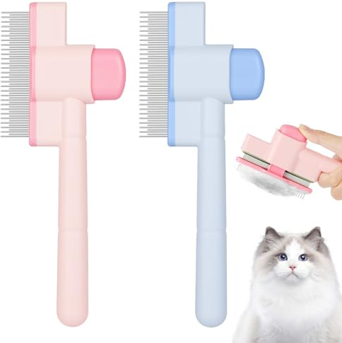 OFFCUP Husdjurskam för hundar och katter, rostfritt stål långa och korta tänder, hållbara självrengörande kammar för husdjur med frigöringskam för fällning och trasselmassage (blå + rosa)