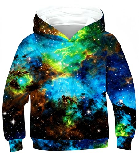 Ocean Plus pojkar fleece digitalt tryck huvtröja unisex långärmad huvtröja barn sweatshirt med huva, Grön galaxy, 7-8 år