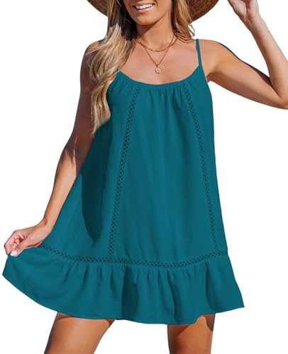 Rayson Vestido Casual Mujer Verano Corto Sin Mangas con Volantes y Detalles Calados Vestido de Playa Cover Up Bikini（Azul）