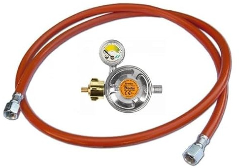 BirnePower Gasdruckregler 150cm + Druckminderer 50mbar mit Manometer – Propan/Butan Druckminderer Set für Gasgrill, Heizstrahler, Gaskocher – Inkl. Sicherheitsventil, 1/4 Linksgewinde.