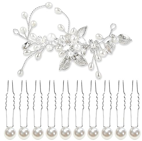 11 Stück Hochzeits Haarschmuck Hochzeit, Perlen Kristall Kopfschmuck | U-förmig Haarnadeln Hochzeit, Dekorativ Brautschmuck Haare, Silber Perlen für Haare, Elegantes Accessoire für Damen