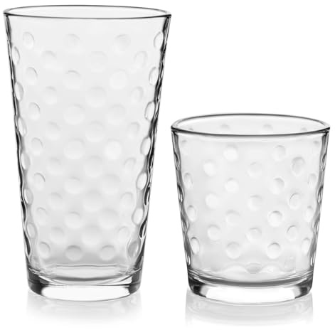 Libbey Awa Tumbler and Rock Glasses Drinking Set, Elegant Polka Dot Drinking Glasses Set of 16, All Purpose Glass Cups Set for Events and Everyday Use