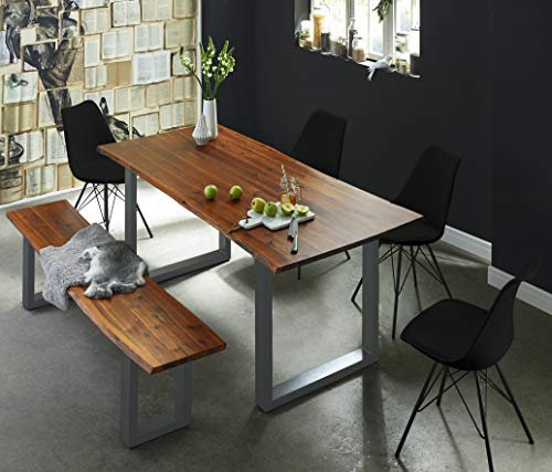 SAM 6 TLG. Essgruppe Esra, Baumkantentisch 140x80 cm & -Bank 140x40 cm, Akazie-Holz Cognacfarben, Gestell Silber, 4X Schalenstuhl Lerche schwarz
