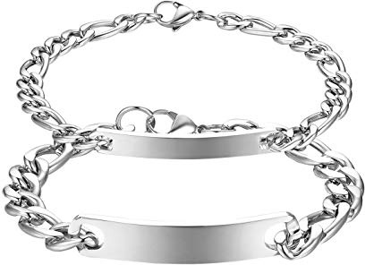 JewelryWe Schmuck Pärchen Armband mit Gravur, Edelstahl Poliert Figarokette Partnerarmband Freundschaftsarmband Paar Armkette Armreif für Herren Damen, Silber/Gold/Schwarz Rosegold