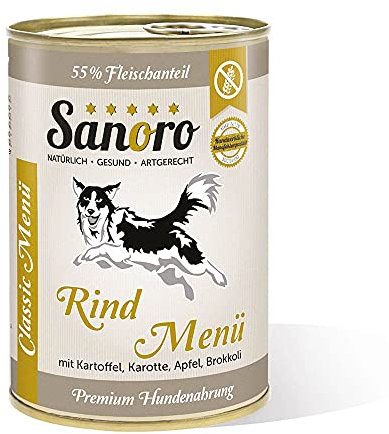 Sanoro Menü Classic Rind mit 55% Fleischanteil - Premium Hundefutter in Teil-Bio-Qualität - Rind mit Bio-Kartoffel, Bio-Karotte, Bio-Apfel und Bio-Brokkoli, singleprotein (12 x 400 g)