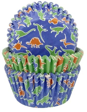 Anniversary House J136 - Moldes para magdalenas, 75 unidades, papel a prueba de grasa, diseño de dinosaurio, color blanco