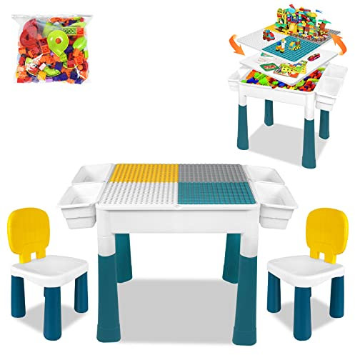 AufuN Höhenverstellbarer Kindertisch mit Stühle Set 6 in 1 Bausteine Spieltisch, Große Multifunktionaler Bausteine Set mit 163 Stücke Blocks, Stauraum, 2 Stühle, Geschenk für Jungen und Mädchen