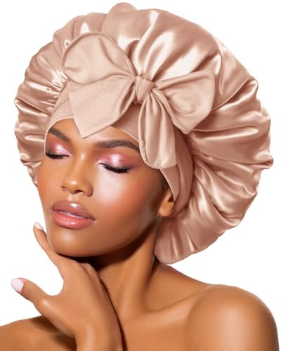 BONNET QUEEN Satin Sovhuvor för Damer Silkesmössa för Sovande Kvinnor, Stor Satin Sovmössa med Justerbart Huvudband för Lockigt, Champagne
