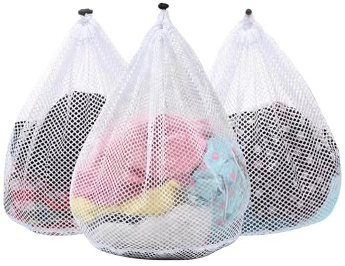 OKAKA 3Pcs Mesh Laundry Bags Washing Machine Mesh Wash Bags Jumbo for Delicates Clothes,Bed Linen,Toys with Drawstring Closure Sturdy(3 XXLarge 28 x 26 Inches)