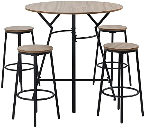 HOMCOM Industrial 5-Piece Bar Table and Chairs Set, Space Saving Dining Table with 4 Stools for Pub and Kitchen, Black & Brown