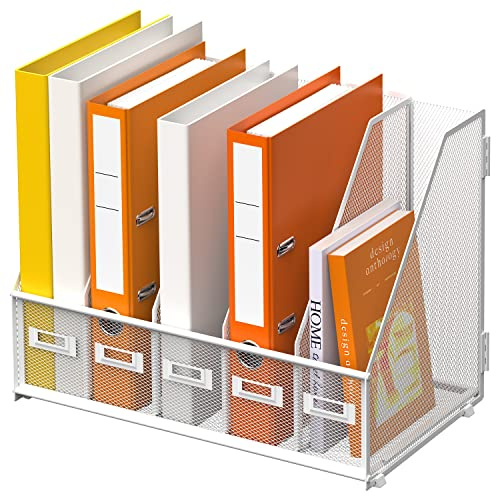 DALTACK Organizer da scrivania per raccoglitori con 5 scomparti verticali, organizer per documenti, per ufficio, casa, scuola, in rete metallica, bianco